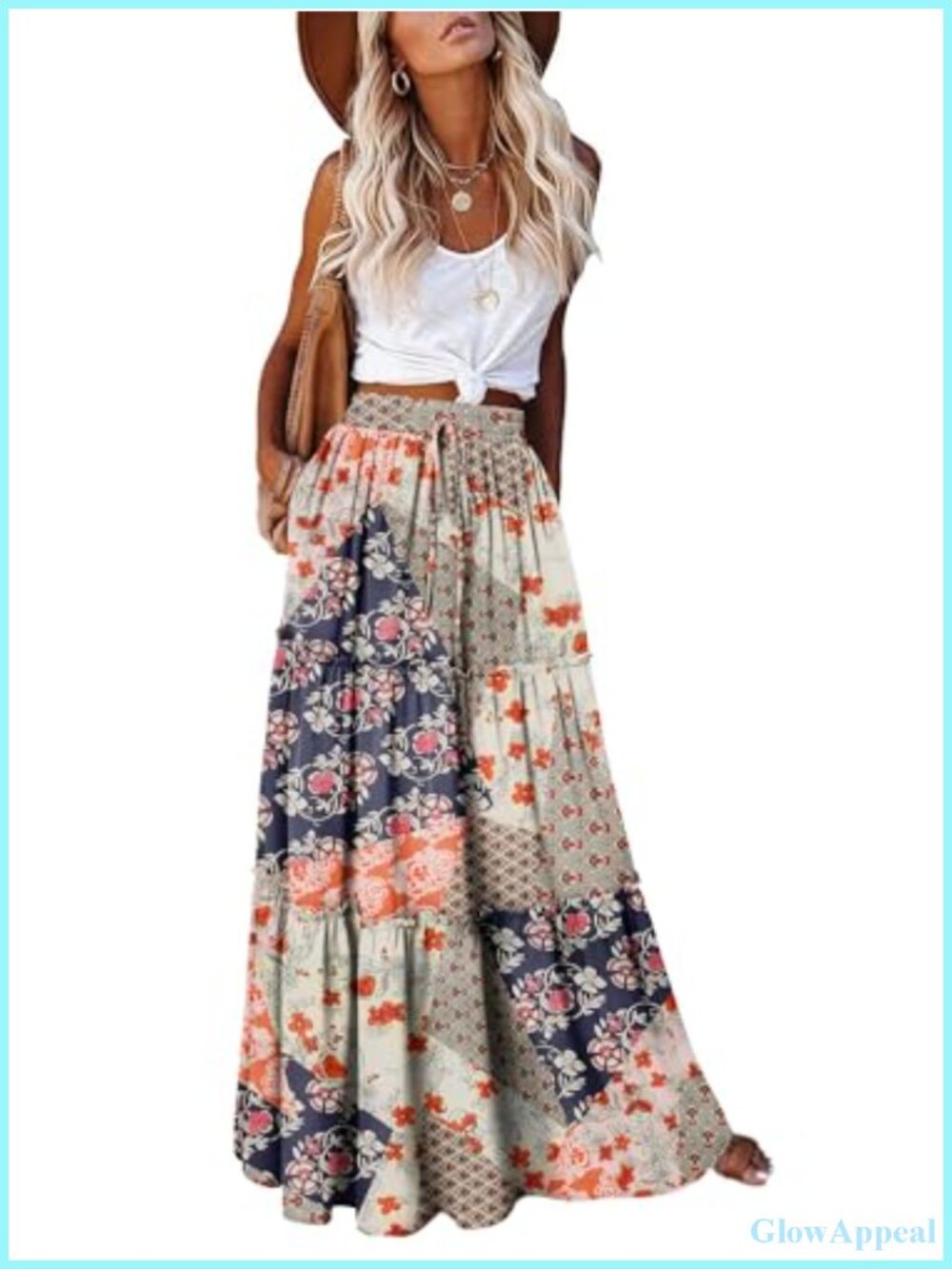 Boho Maxi Skirt High Waist Long Tiered Skirt with Pockets